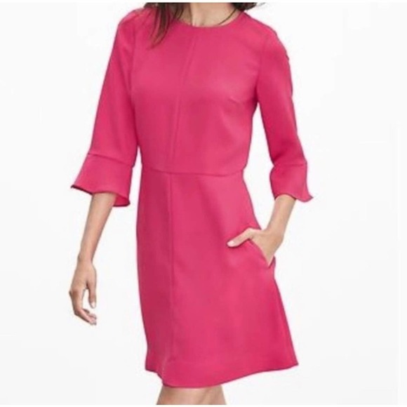 BANANA REPUBLIC 3/4 FLUTTER SLEEVE FIT & FLARE DRESS PINK NWT‎ WOMEN'S 2 - Picture 1 of 16